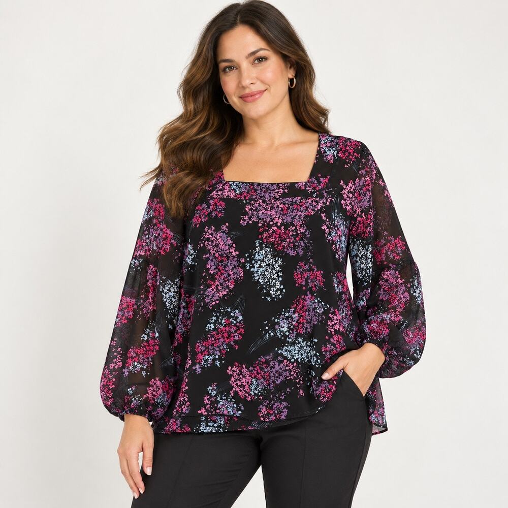 Lane Bryant Square Neck Blouse Women’s 20 Black Purple Floral Fully Lined Top